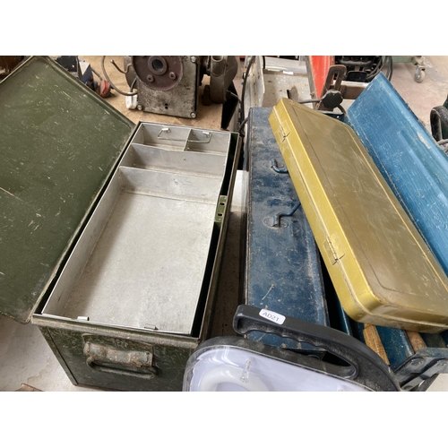 849 - Five items, one 1965 military issued green metal ammunition box, three tool boxes containing tools a... 