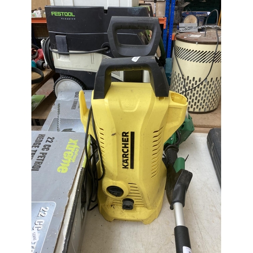 853 - Three items, one Karcher pressure washer, one Gardenline petrol strimmer and one boxed Challenge Xtr... 