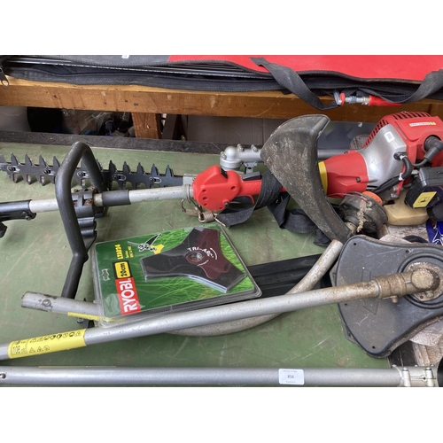 856 - A Mower Land petrol long reach multitool with strimmer, chainsaw, Tri-Arc and hedge trimmer attachme... 