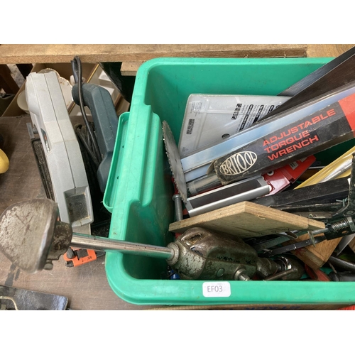 859 - Two boxes containing tools to include vintage Millex cast iron bottle jack, drill bits, Gunson 12v b... 