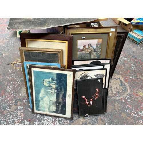 934 - A large collection of antique and later framed pictures and mirrors