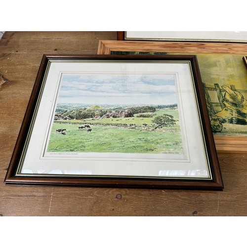 254 - Five framed pictures to include 1994 Jim Nixon 'View From Robin Hill, Biddulph Moor' watercolour, An... 