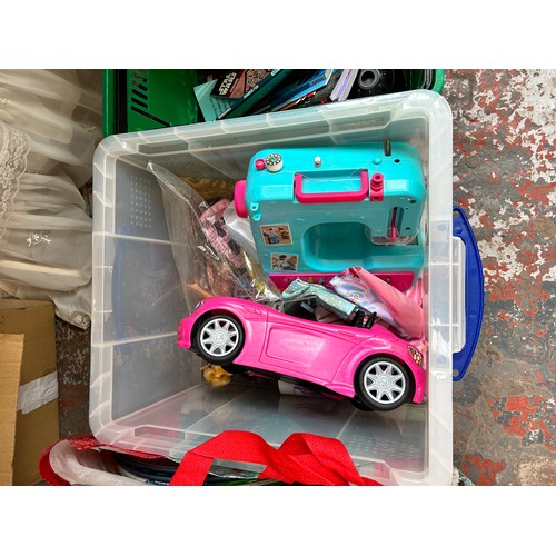 924 - Three boxes containing toys and games to include large collection of soft toys, MyBToys cat piano, S... 