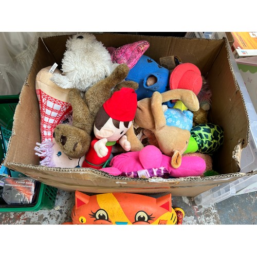 924 - Three boxes containing toys and games to include large collection of soft toys, MyBToys cat piano, S... 