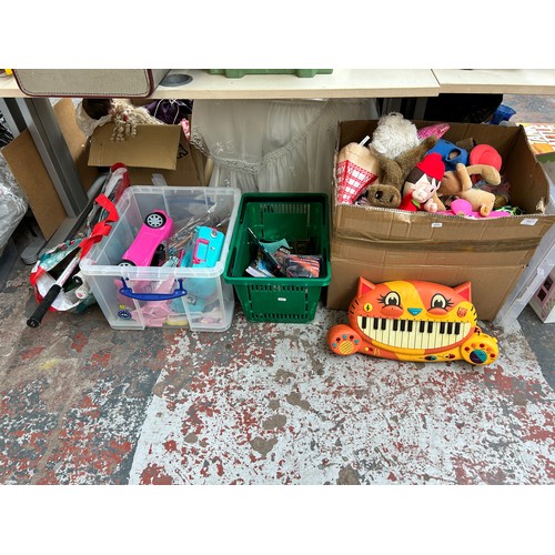 924 - Three boxes containing toys and games to include large collection of soft toys, MyBToys cat piano, S... 