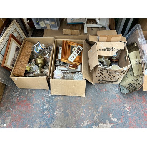 933 - Three boxes containing brass oil lamp, framed pictures, glassware, ceramics etc.