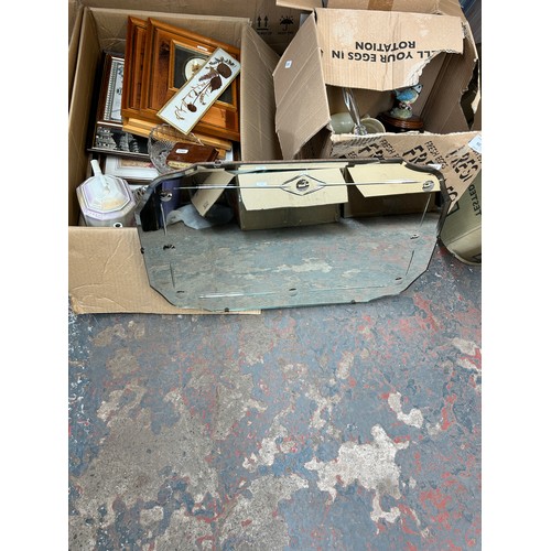 933 - Three boxes containing brass oil lamp, framed pictures, glassware, ceramics etc.