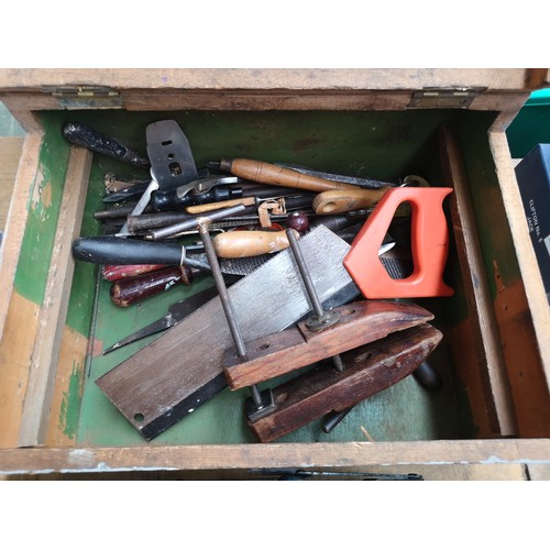 827 - Two vintage tool boxes, one metal cantilever and one grey painted hardwood containing a large collec... 