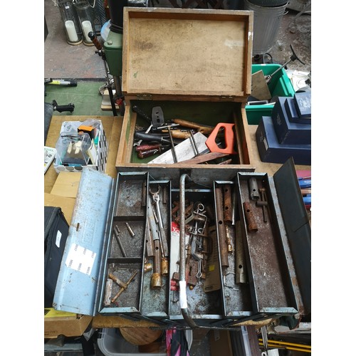 827 - Two vintage tool boxes, one metal cantilever and one grey painted hardwood containing a large collec... 