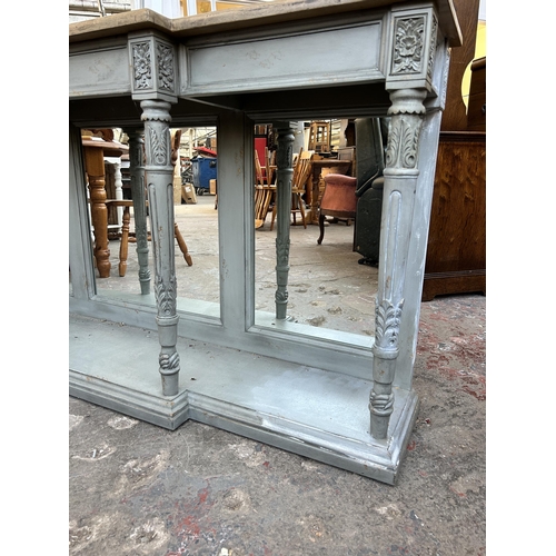 107 - A 19th century style grey painted and hardwood mirror back console table with neoclassical style sup... 