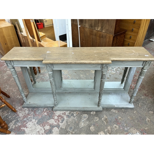 107 - A 19th century style grey painted and hardwood mirror back console table with neoclassical style sup... 