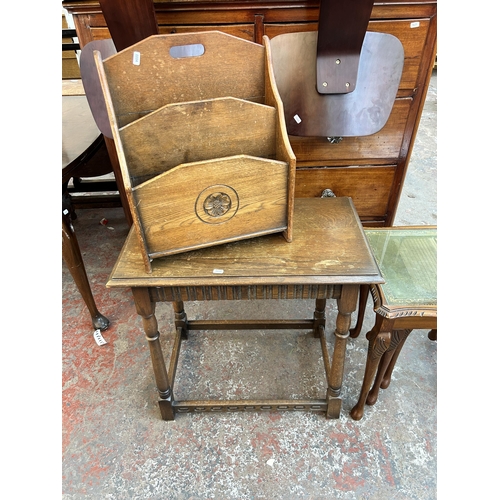 118 - Four pieces of furniture, carved oak two division newspaper stand, 19th century style mahogany and t... 