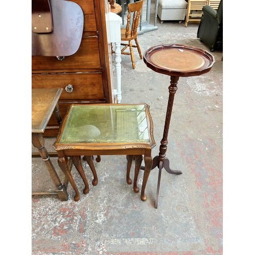 118 - Four pieces of furniture, carved oak two division newspaper stand, 19th century style mahogany and t... 