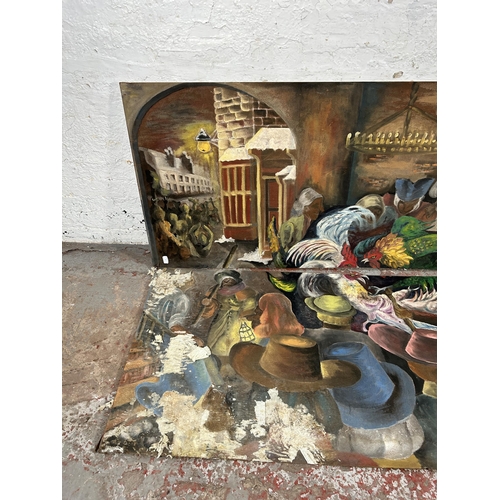 4 - A large unframed oil on board signed R. A. Freeman -approx. 76cm high x 400cm wide