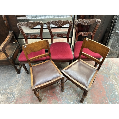 49 - Five dining chairs, three Victorian carved mahogany and two 1930s oak