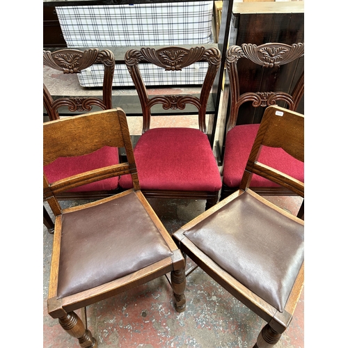 49 - Five dining chairs, three Victorian carved mahogany and two 1930s oak