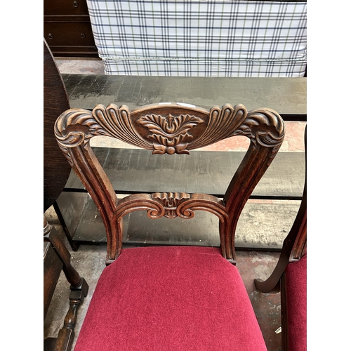 49 - Five dining chairs, three Victorian carved mahogany and two 1930s oak