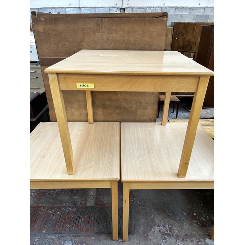 73 - Three beech and formica square dining tables - approx. 76cm high x 90cm wide x 90cm long