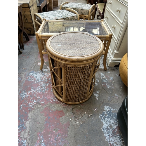 75 - Five pieces of wicker and cane conservatory furniture, two footstools, one coffee table and two circ... 