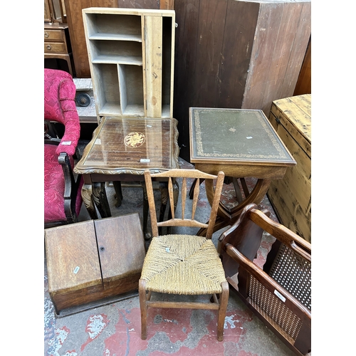 78 - Six pieces of furniture to include beech and rush seated child's chair, mahogany and rattan magazine... 