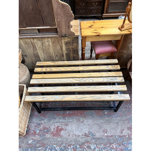 84 - A pair of elm and black metal benches with lower shoe rack - approx. 40cm high x 32cm wide x 120cm l... 