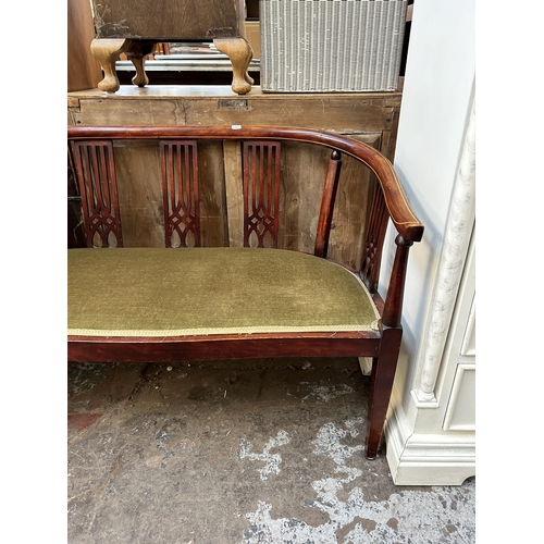 95 - An Edwardian inlaid mahogany and green fabric upholstered two seater parlour sofa - approx. 68cm hig... 