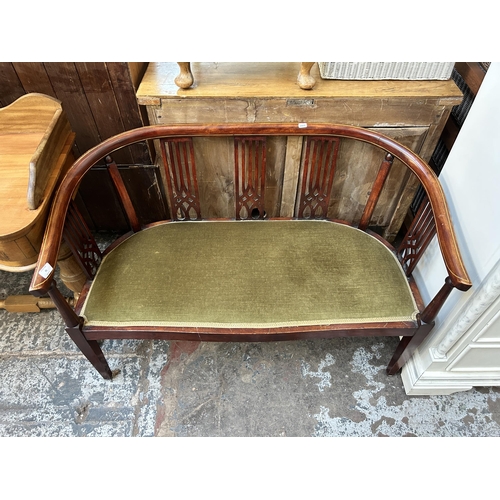 95 - An Edwardian inlaid mahogany and green fabric upholstered two seater parlour sofa - approx. 68cm hig... 