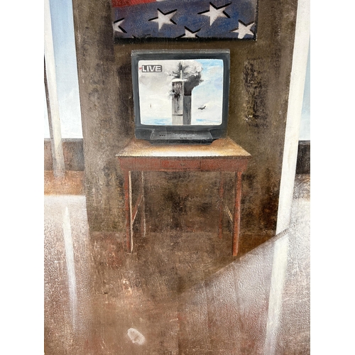 227 - A contemporary oil on canvas of a 9/11 scene, signed Vignol and to reverse - approx. 101cm high x 14... 