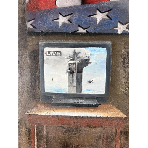 227 - A contemporary oil on canvas of a 9/11 scene, signed Vignol and to reverse - approx. 101cm high x 14... 