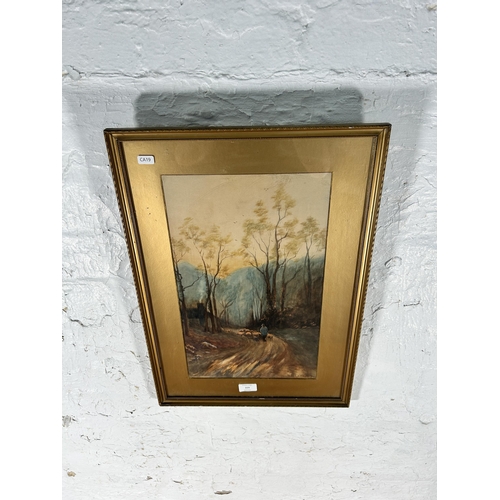 229 - An early 20th century gilt framed D. Lowe farmer and sheep dog scene watercolour, dated 1919 - appro... 