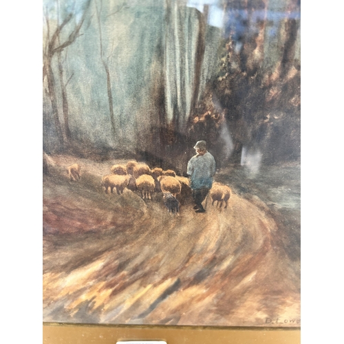 229 - An early 20th century gilt framed D. Lowe farmer and sheep dog scene watercolour, dated 1919 - appro... 