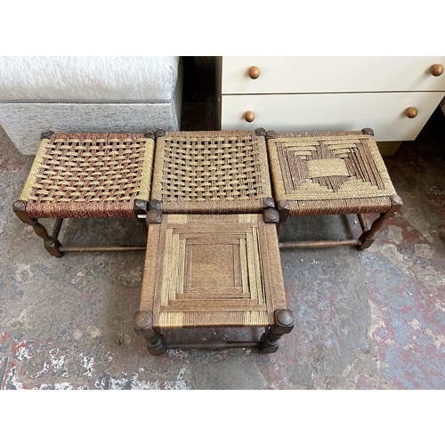 68 - Four oak and rush woven footstools