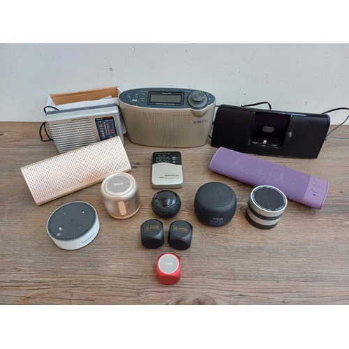 669 - A collection of radios and speakers to include Roberts Classic DAB, Roberts Sports 984, Sainsbury's ... 