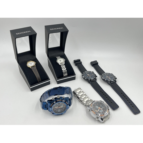 2230A - Six men's and lady's quartz wristwatches, two Oscar Emil analogue and digital, two GT and two boxed ... 