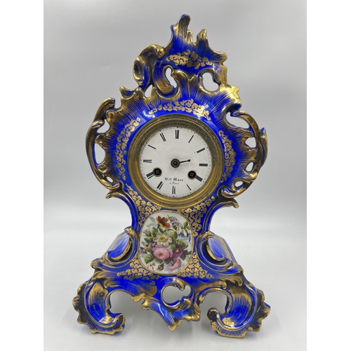 309 - A 19th century Hry Marr of Paris hand painted porcelain mantel clock with white enamel face - approx... 