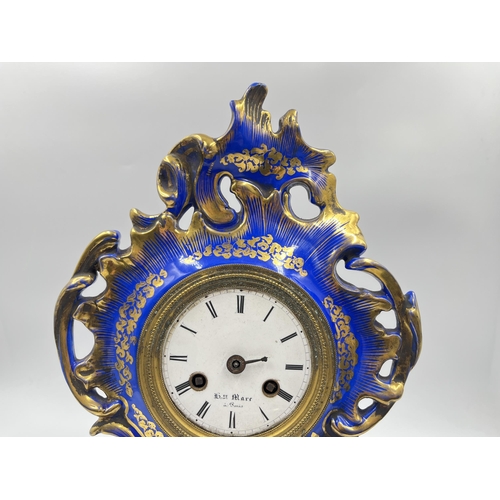 309 - A 19th century Hry Marr of Paris hand painted porcelain mantel clock with white enamel face - approx... 