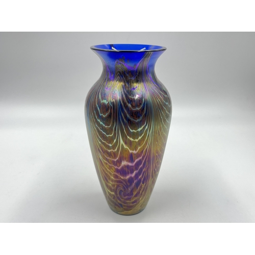 310 - An Okra England Storm iridescent glass vase - approx. 16cm high