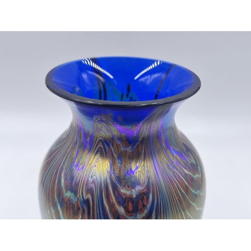 310 - An Okra England Storm iridescent glass vase - approx. 16cm high