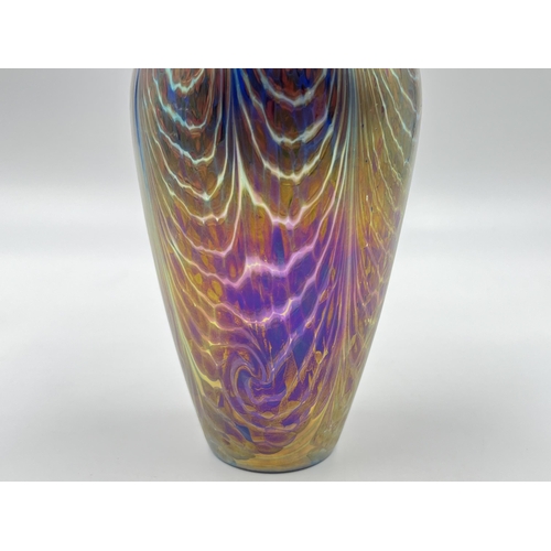 310 - An Okra England Storm iridescent glass vase - approx. 16cm high