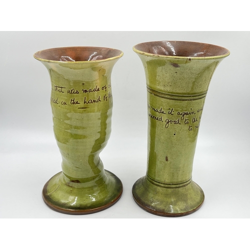 312 - Two studio pottery green glazed vessels - approx. 24cm high