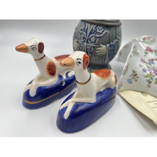 331 - Five pieces of ceramics, two Royal Worcester wall pockets, two Staffordshire dog figurines/inkwells ... 