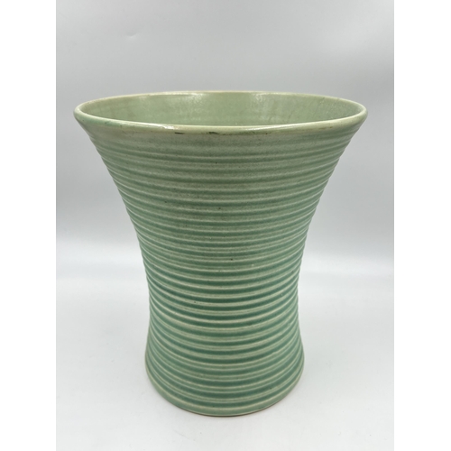 334 - An Art Deco Lovatts England green ribbed stoneware vase - approx. 25cm high