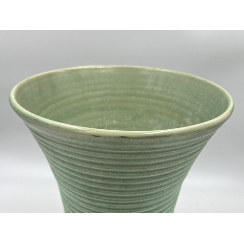 334 - An Art Deco Lovatts England green ribbed stoneware vase - approx. 25cm high