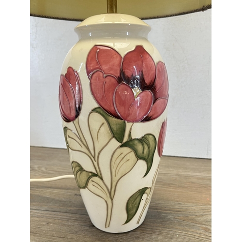 338 - A Moorcroft Pink Tulip on Ivory table lamp - approx. 33cm high