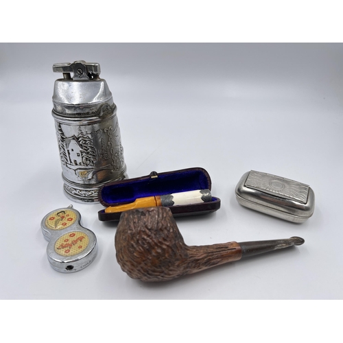 2330 - Five pieces of tobacciana to include Compact smoking pipe, leather cased clay cheroot holder with am... 