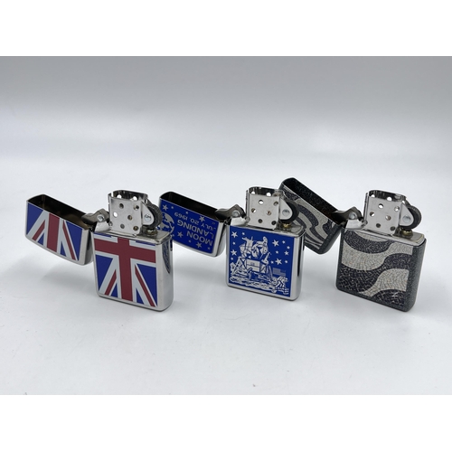 2332 - Three Zippo cigarette lighters to include Moon Landing etc.