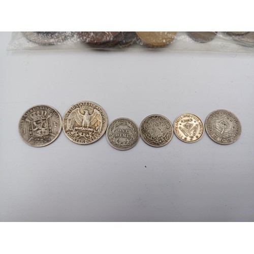 2362 - A collection of world coins to include 90% silver 1944 'Washington Quarter', 83.5% silver 1887 Belgi... 