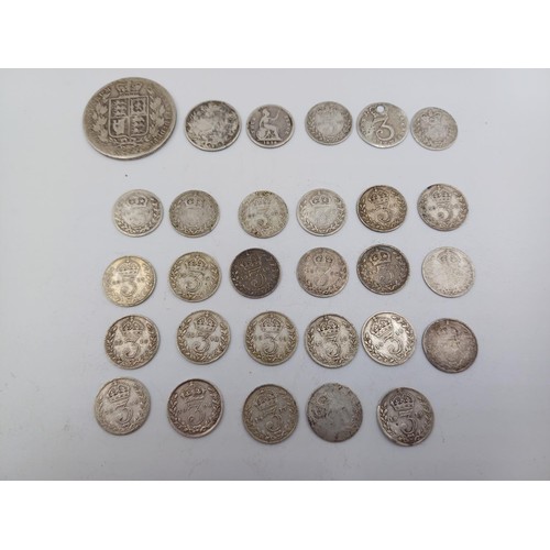 2364 - Approx. 52.5g of 92.5% silver British coins to include George III threepence, 1836 four pence, 1874 ... 