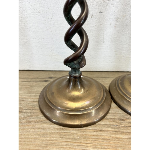 422 - A pair of 19th century copper spiral candlesticks - approx. 26cm high