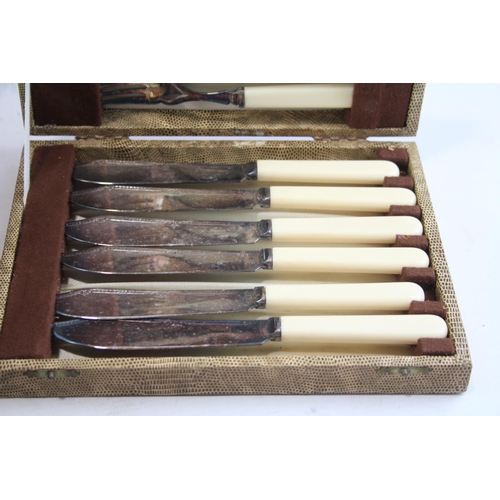 448 - Three vintage silver plated fish cutlery sets in wooden canteens